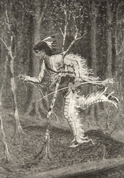 Through bush, and brake, and forest, Ran the cunning Pau-Puk-Keewis, from The Song of Hiawatha by Henry Wadsworth Longfellow, pub. by George G. Harrap and Company Ltd., 1911 by Frederic Remington